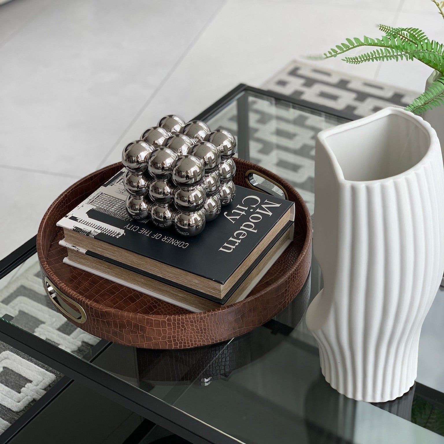 Round Design Tray with Brass Handles