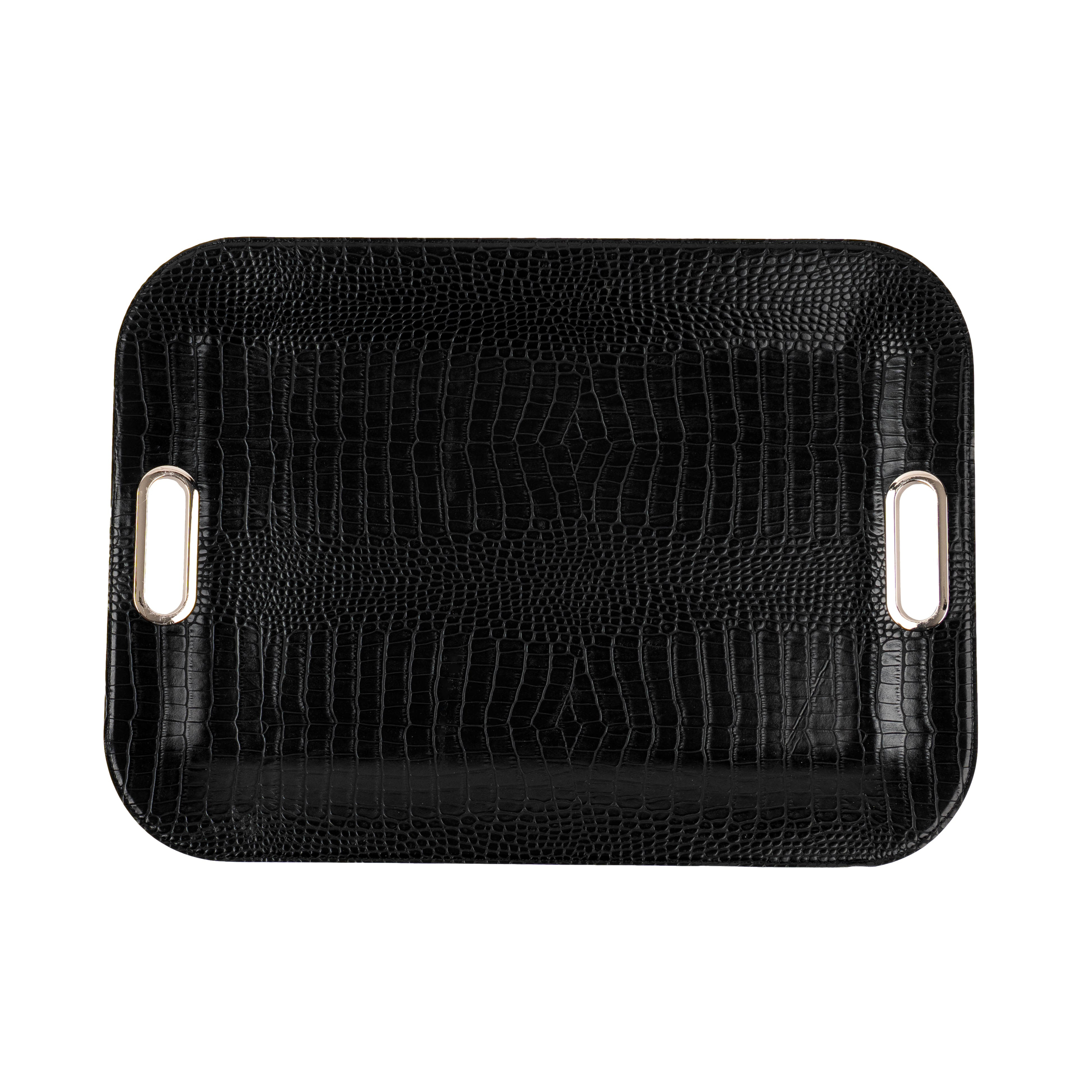 Crocodile Black Large Serving Tray with metal handles, croc-texture vegan leather tray for entertaining