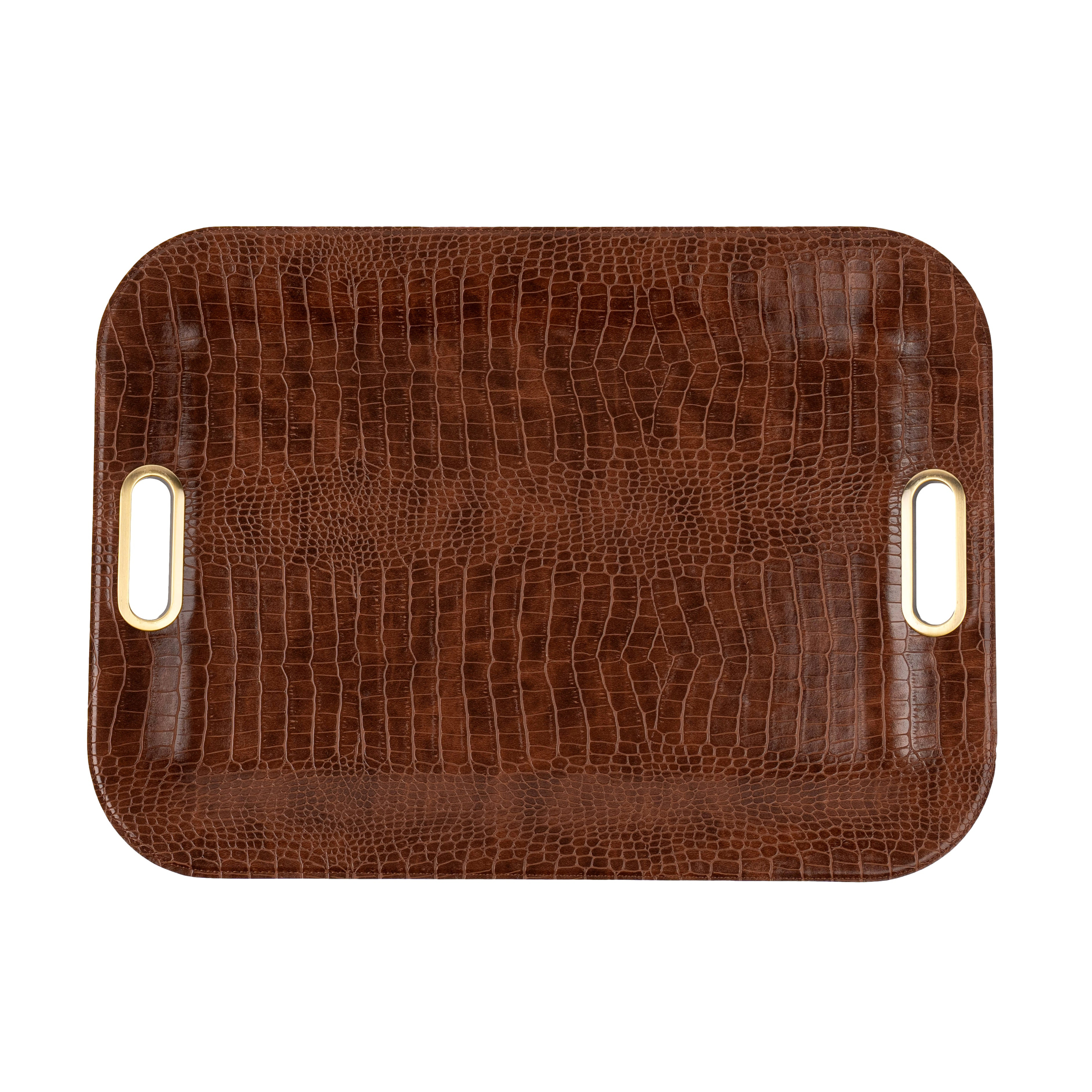 Crocodile Brown Large Serving Tray with metal handles, croc-texture vegan leather tray for entertaining