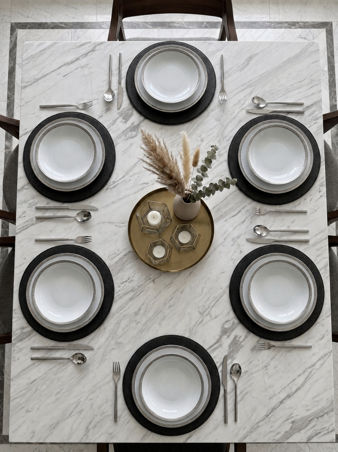Black Charger plates in a formal table setting, wipe-clean table chargers - Bold Decor