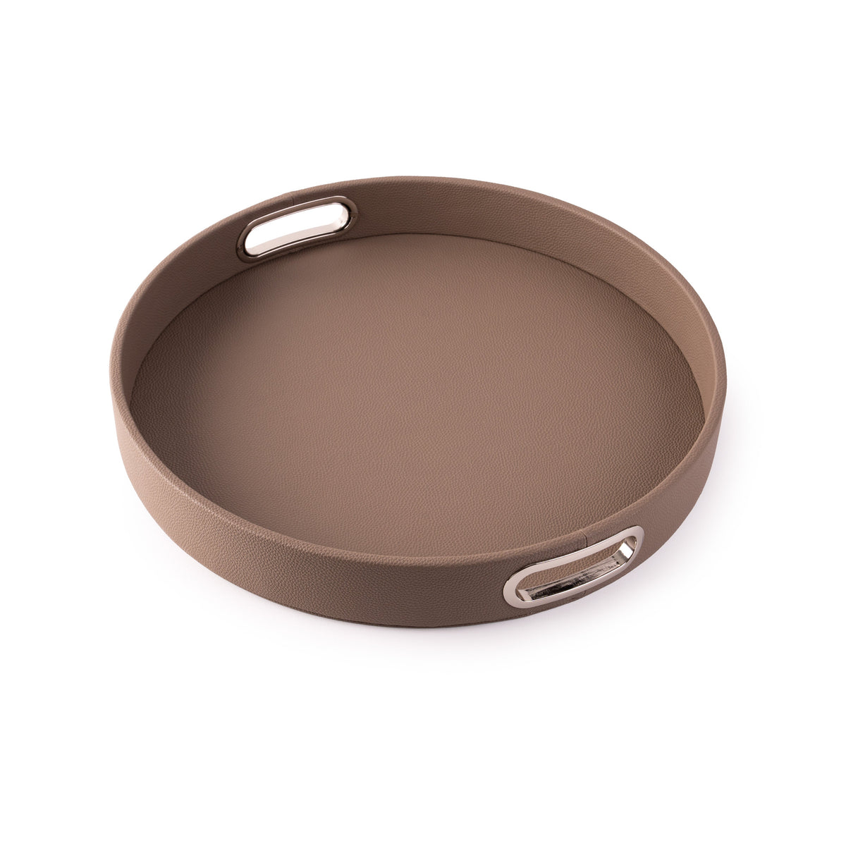 Round Design Tray with chrome handles in taupe-brown vegan leather, decorative serving tray