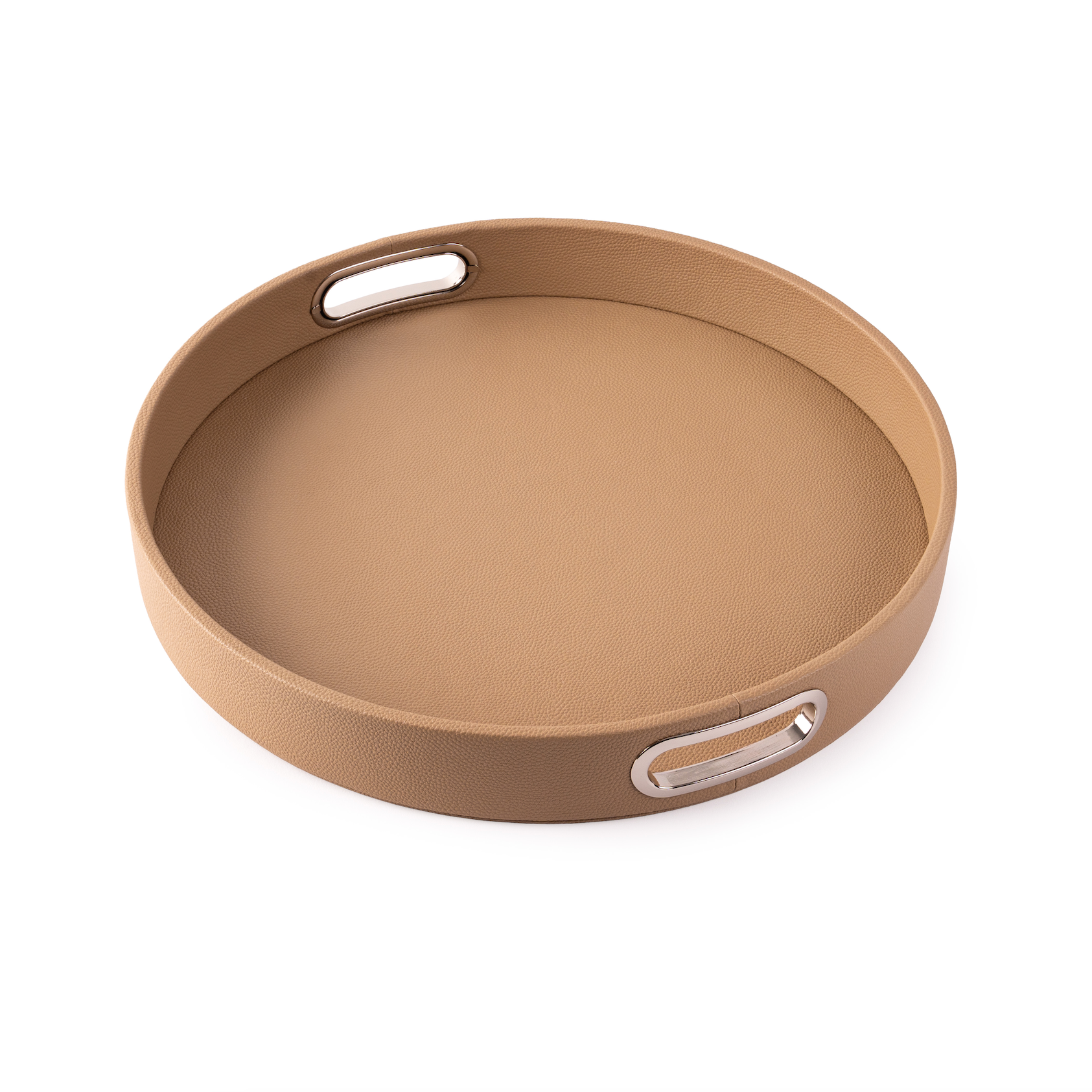 Opso Taupe Round Design Tray in taupe vegan leather with chrome handles
