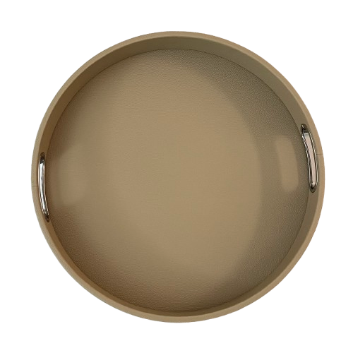 Round Vegan Leather Tray with Chrome Handles