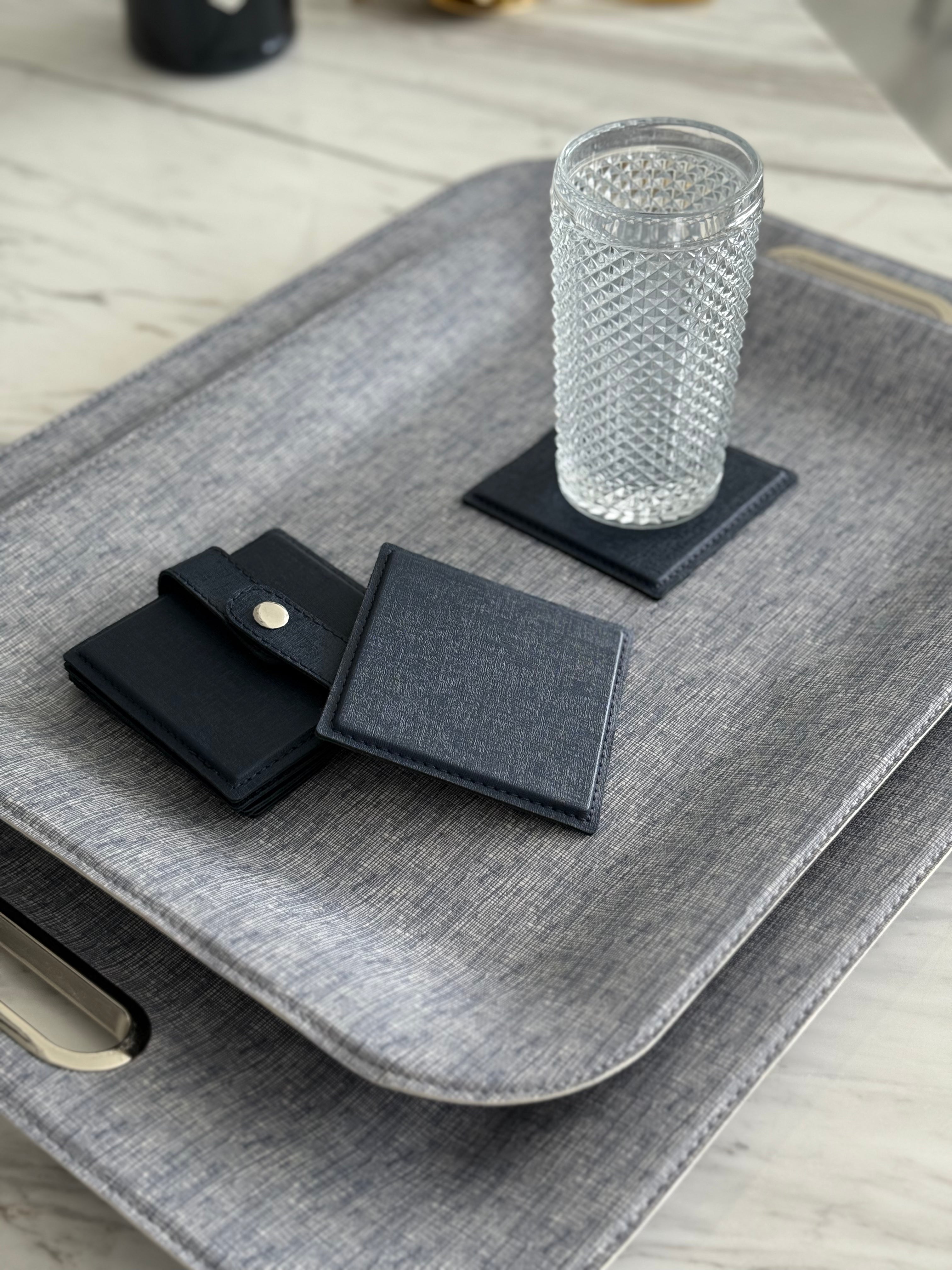 Lina Blue Large Serving Tray with metal handles styled with matching coasters for entertaining