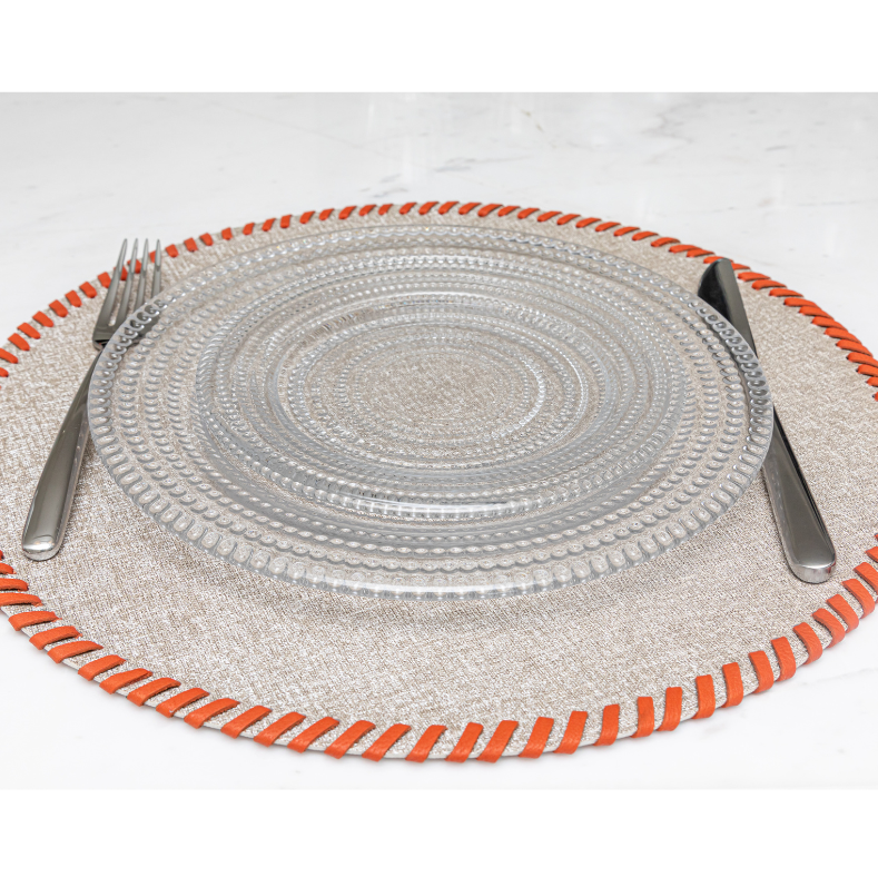 Round leather placemat angled view, European made tabletop decor, giftable - Manhattan, Bold Decor