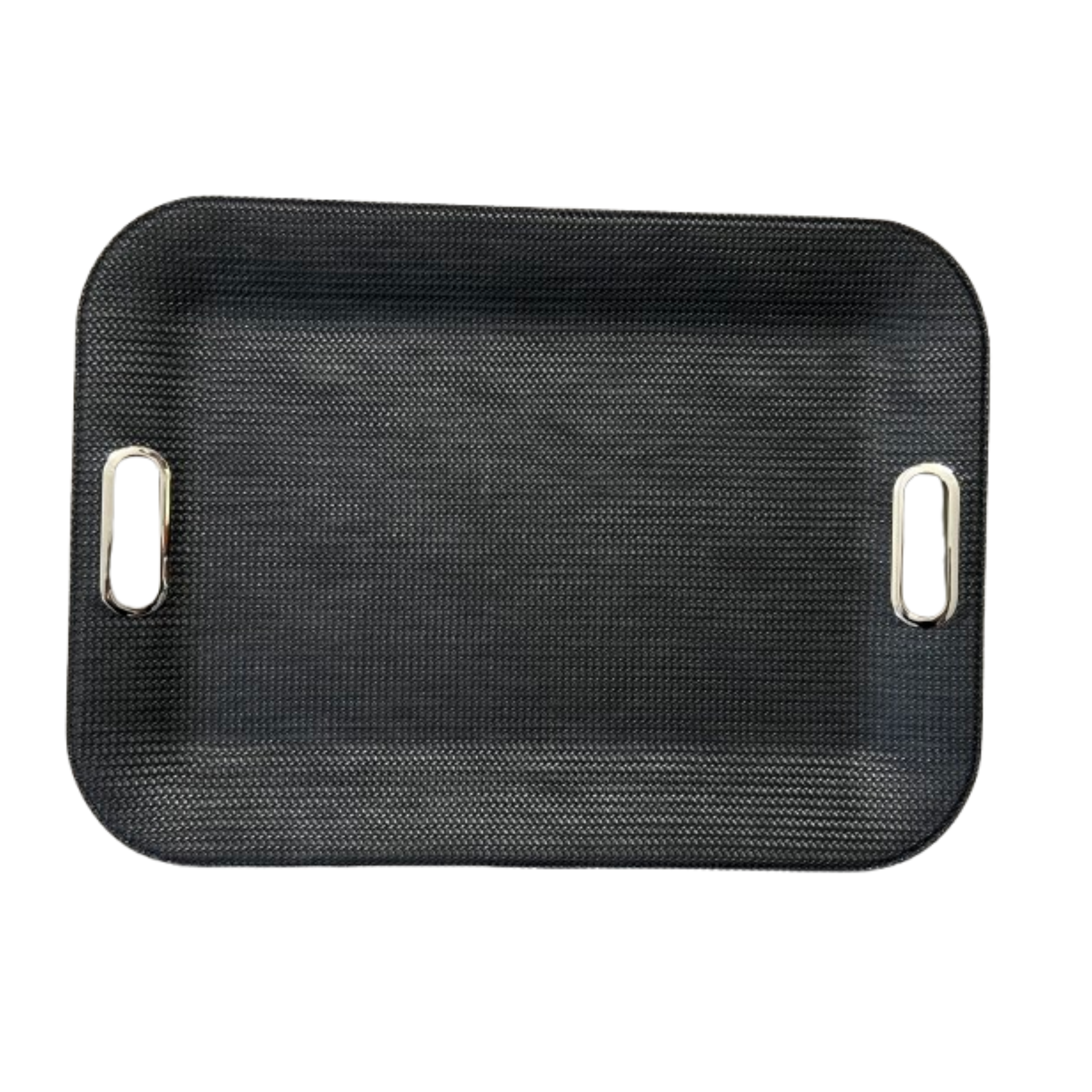 Textured black vegan leather tray with metal handles