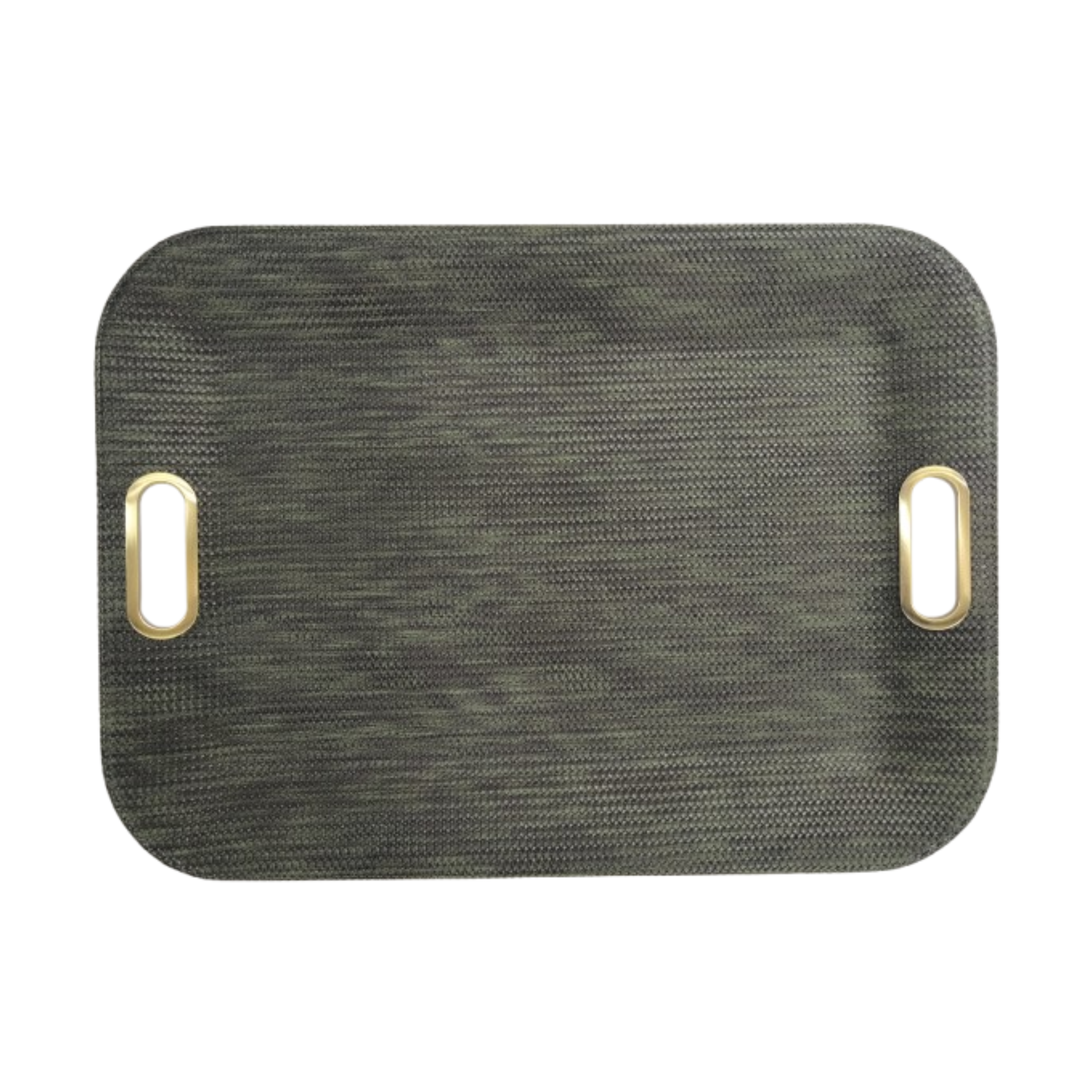 Large Green serving tray with Brass (gold) handles, textured vinyl surface, 21x16 inches