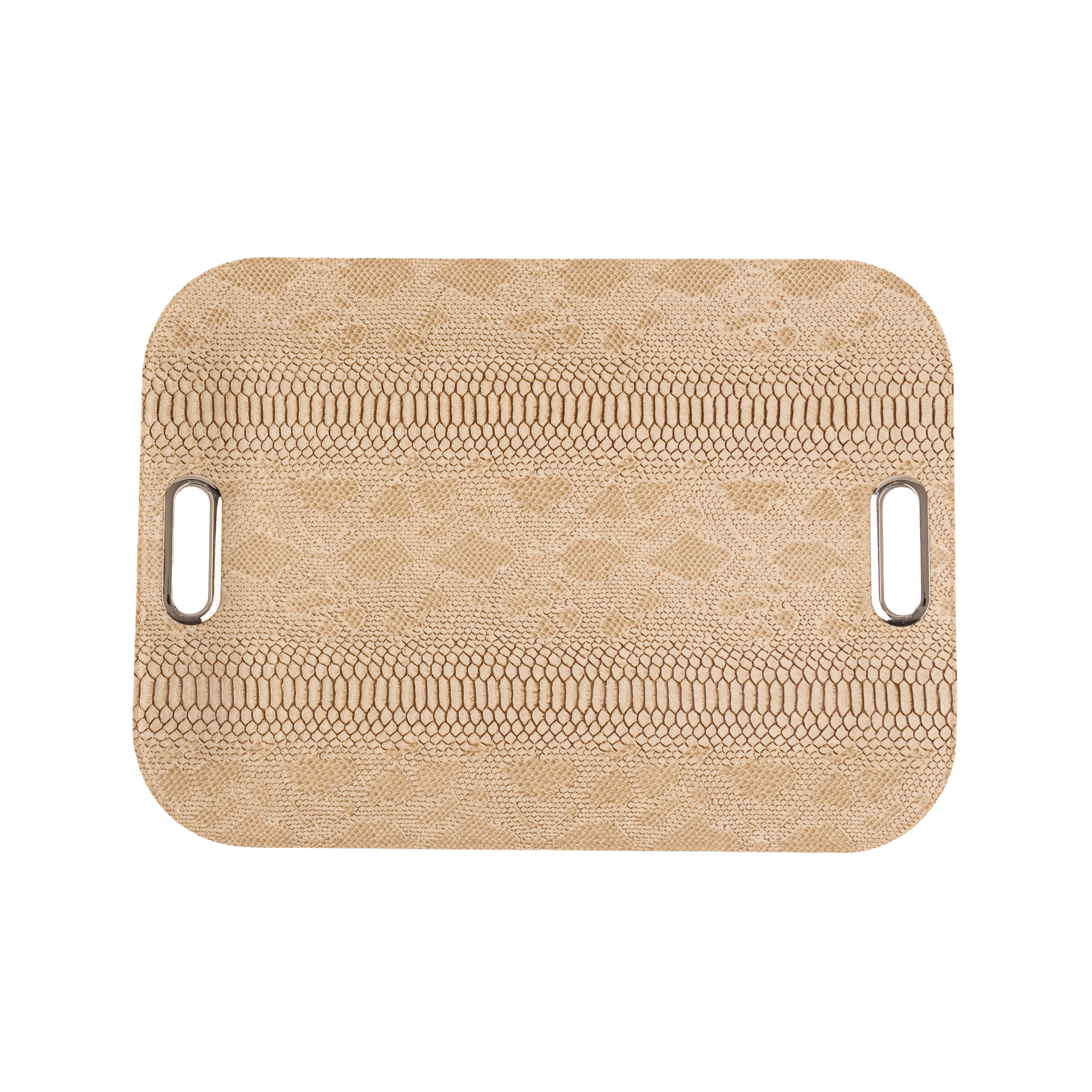 Dragon Beige Large Serving Tray with metal handles, textured vegan leather tray for entertaining