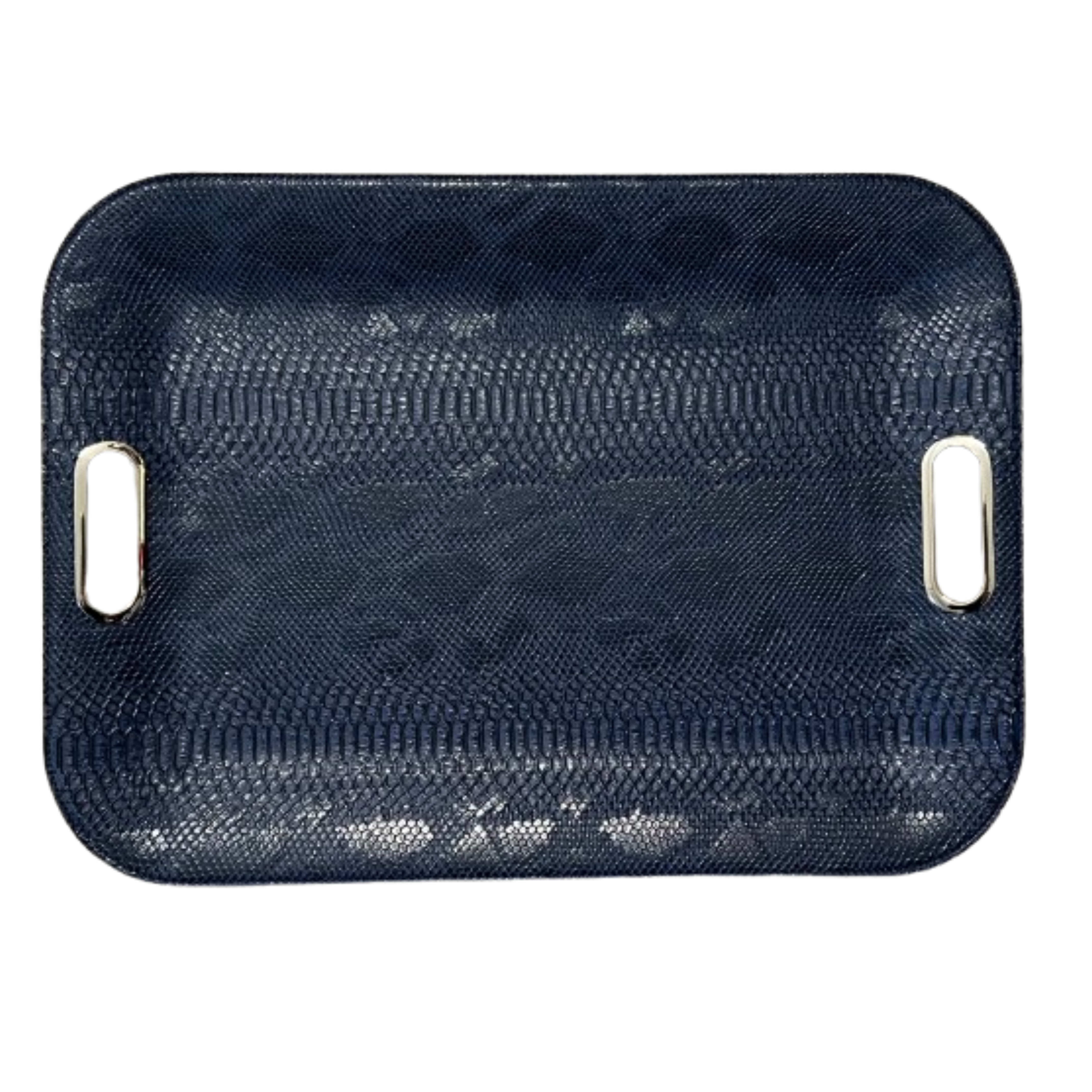 Dragon Navy Large Serving Tray with metal handles, textured vegan leather tray for entertaining