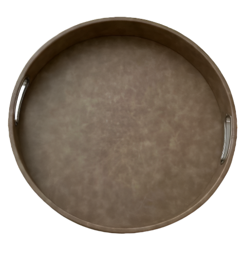 Round Vegan Leather Tray with Chrome Handles – Modern & Decorative