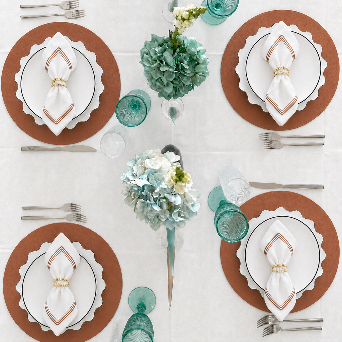 Brown Dubai reversible round placemats on a dining table, double-sided vinyl placemats, easy hosting - Bold Decor