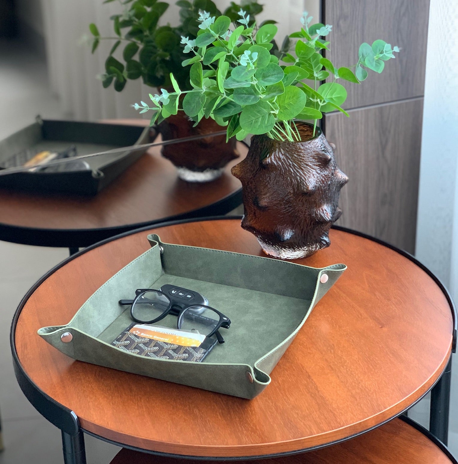 Green catch all tray in wipeable vegan leather. A valet tray and jewelry tray for nightstands and desks. Gifts for her, gifts for him.
