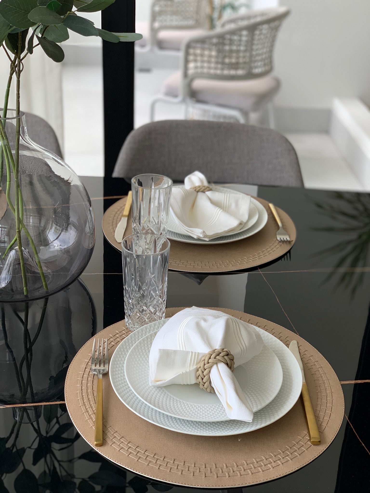 Brown Stitched leather band detail on taupe round placemat, luxury tableware, housewarming gift idea - London, Bold Decor