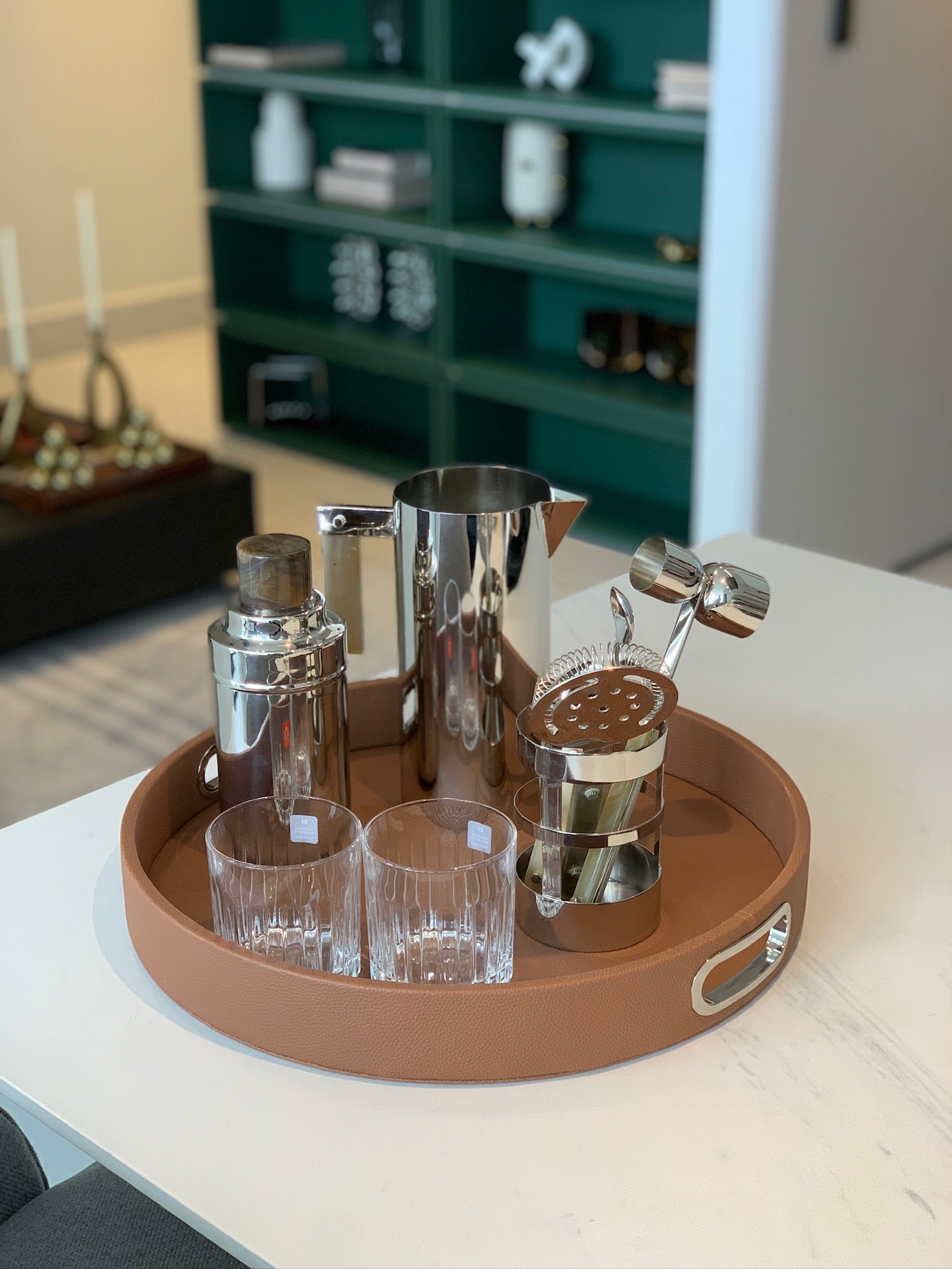 Round Design Tray with Chrome Handles Opso Brown