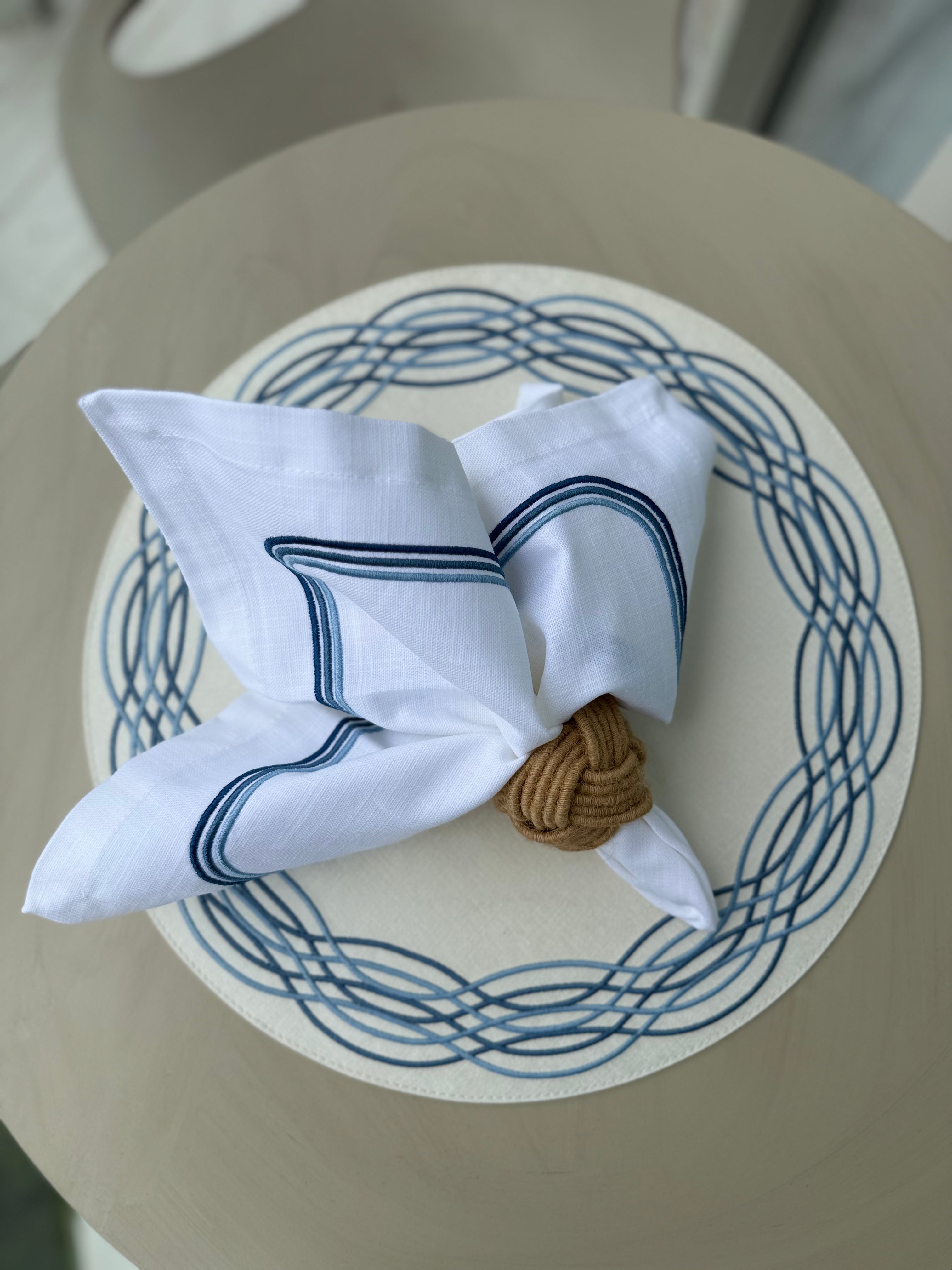 Blue round embroidered placemat, casual table setting to holiday tablescape, housewarming gift idea - Barcelona, Bold Decor