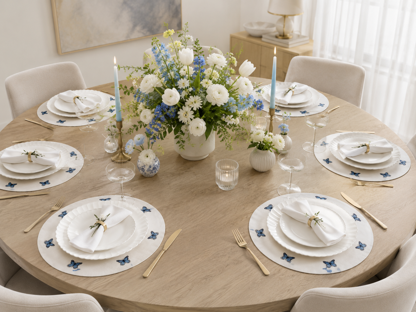 Ireland Blue butterfly placemats in a spring tablescape, casual table setting, giftable - Bold Decor