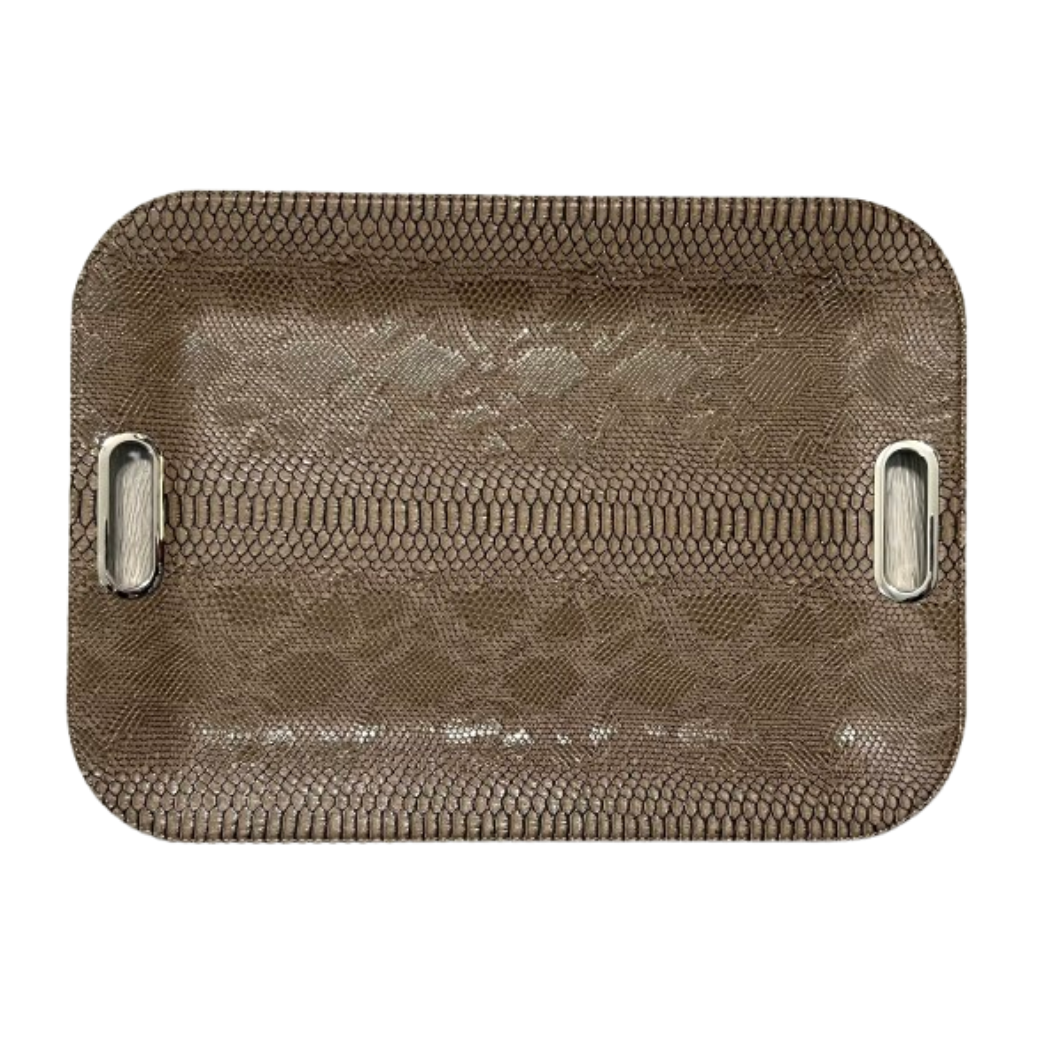 Dragon Brown Large Serving Tray with metal handles, textured vegan leather tray for entertaining