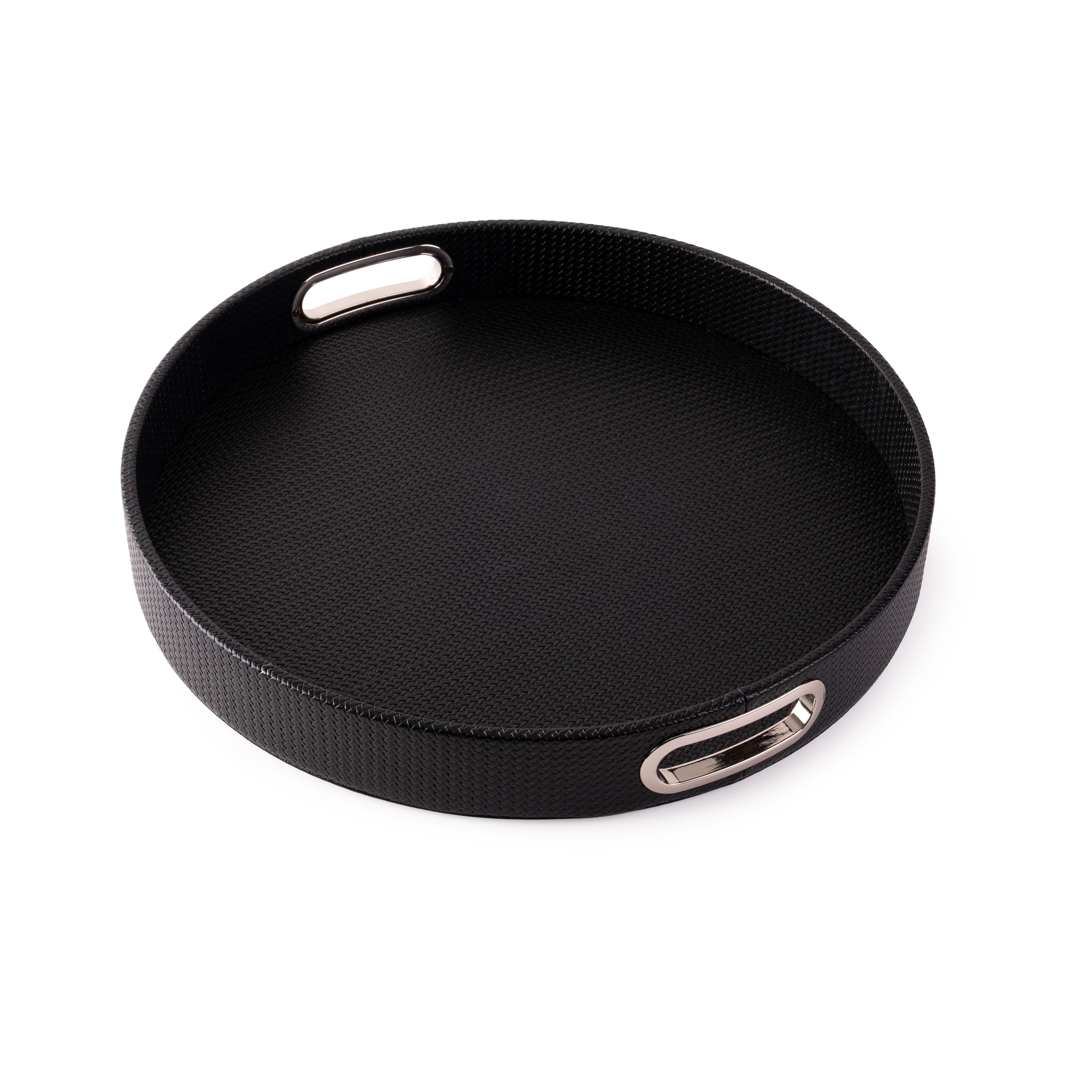 Mona Black Round Design Tray in black vegan leather with chrome handles