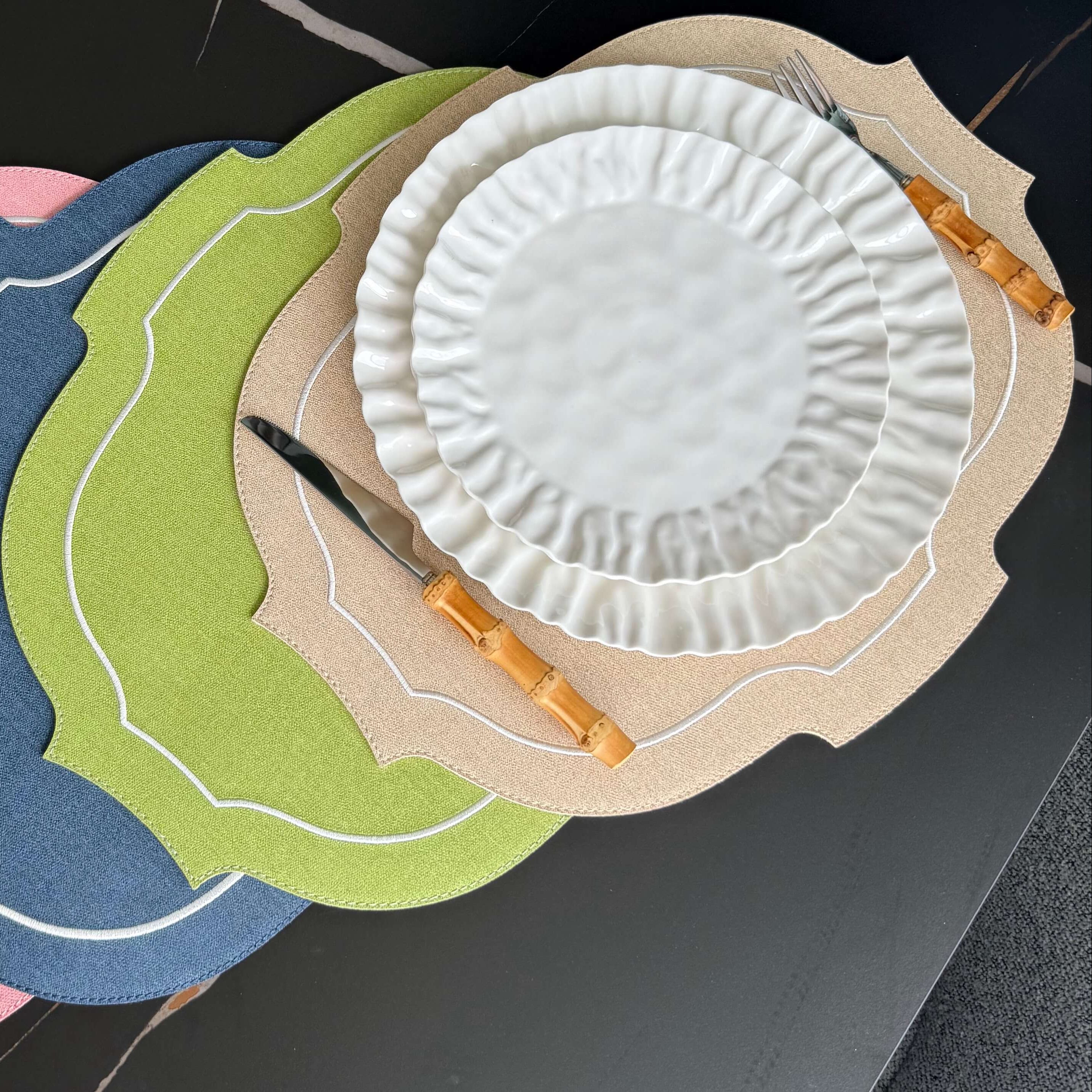 Paris Placemat with White Embroidery Denim Green