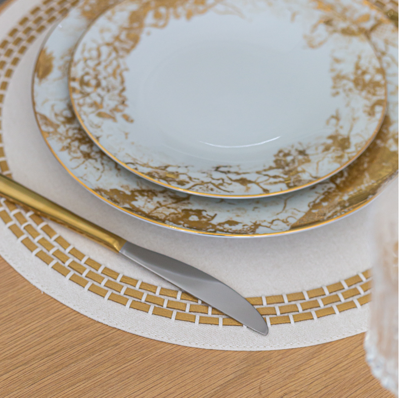 Mykonos Placemat with Leather Weave Denim White / Brown