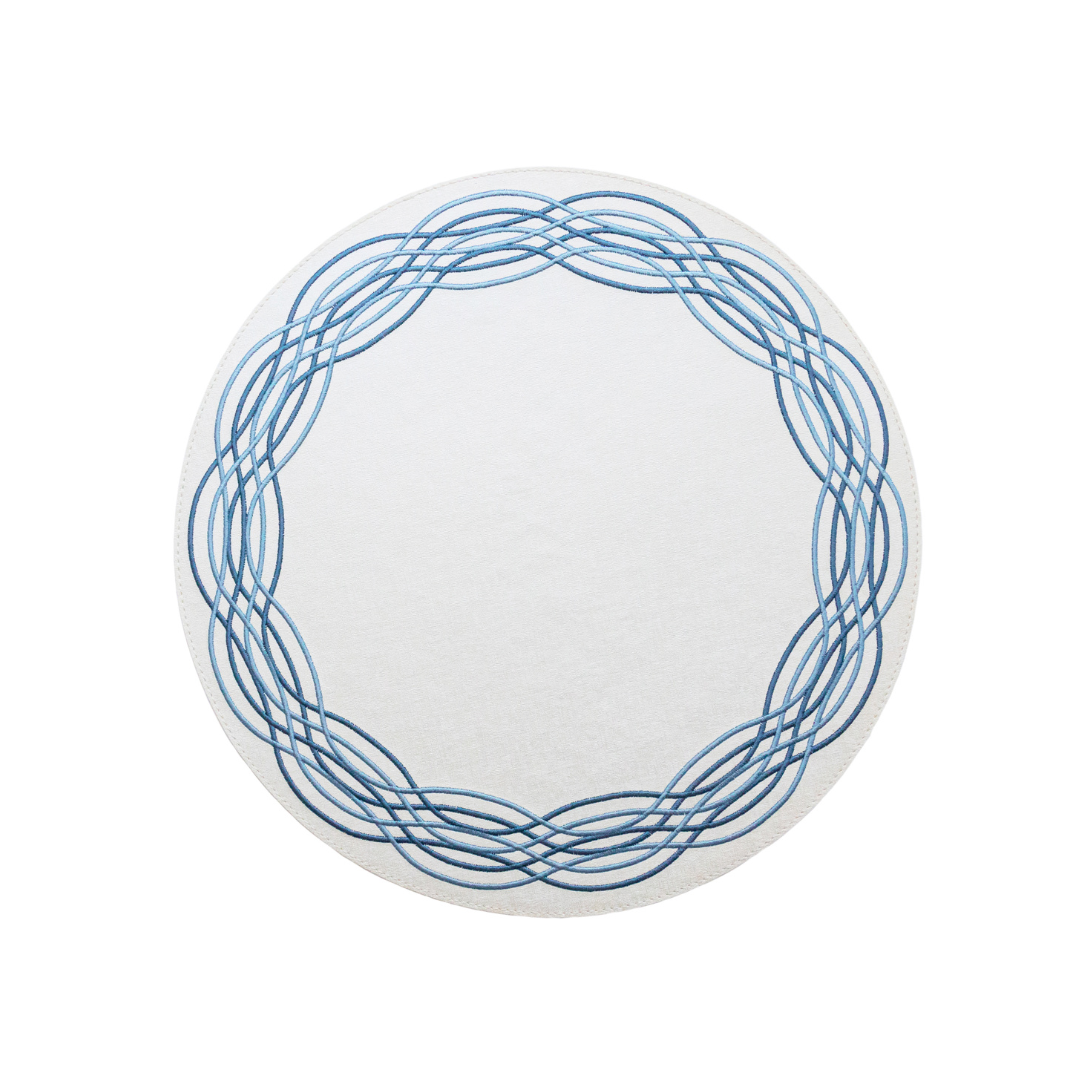 Blue round placemats for round table, three-tone spiral embroidery, wipeable vinyl, European made - Barcelona, Bold Decor