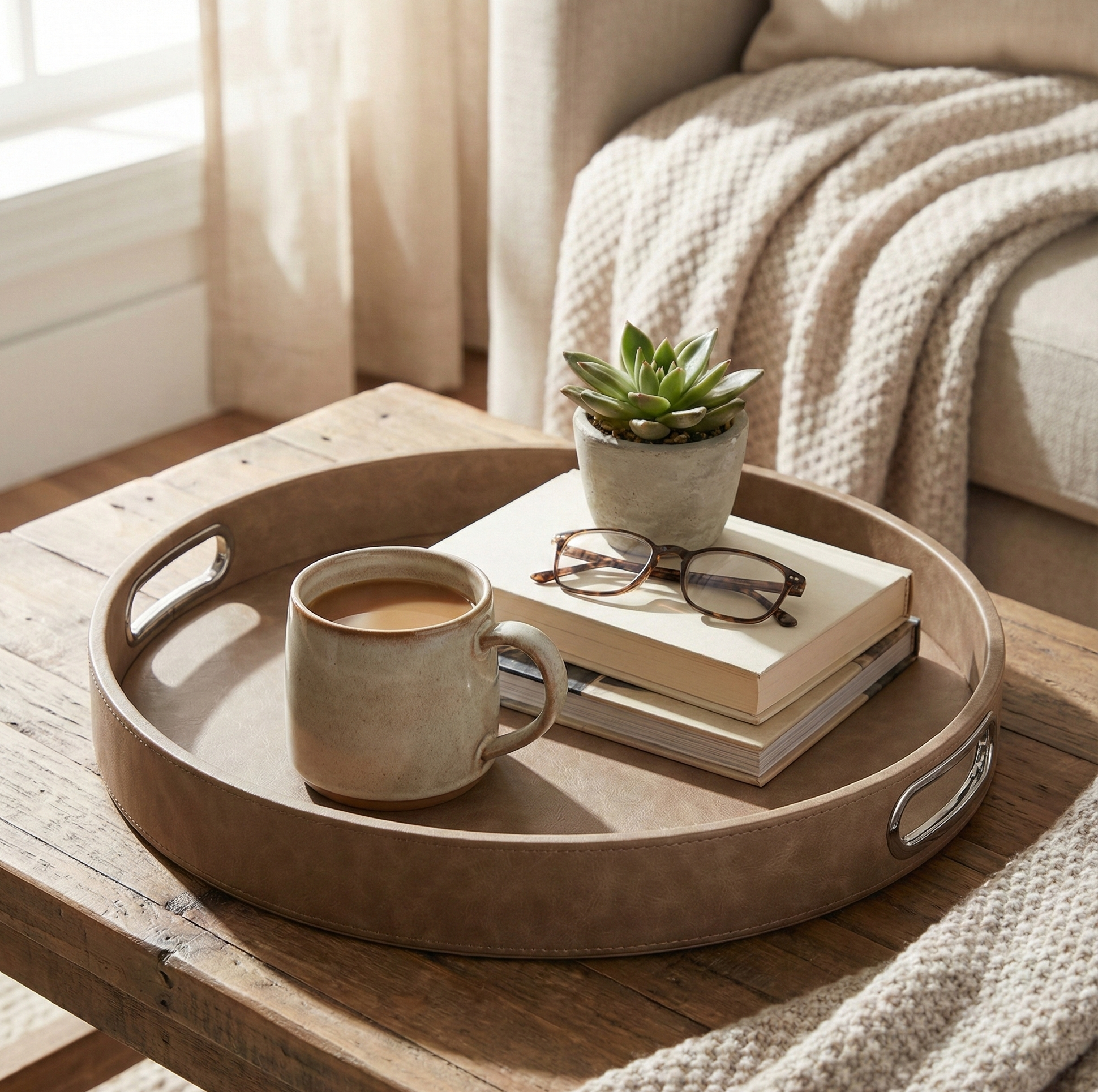Round Design Tray with chrome handles, close-up of leather texture and handle detail