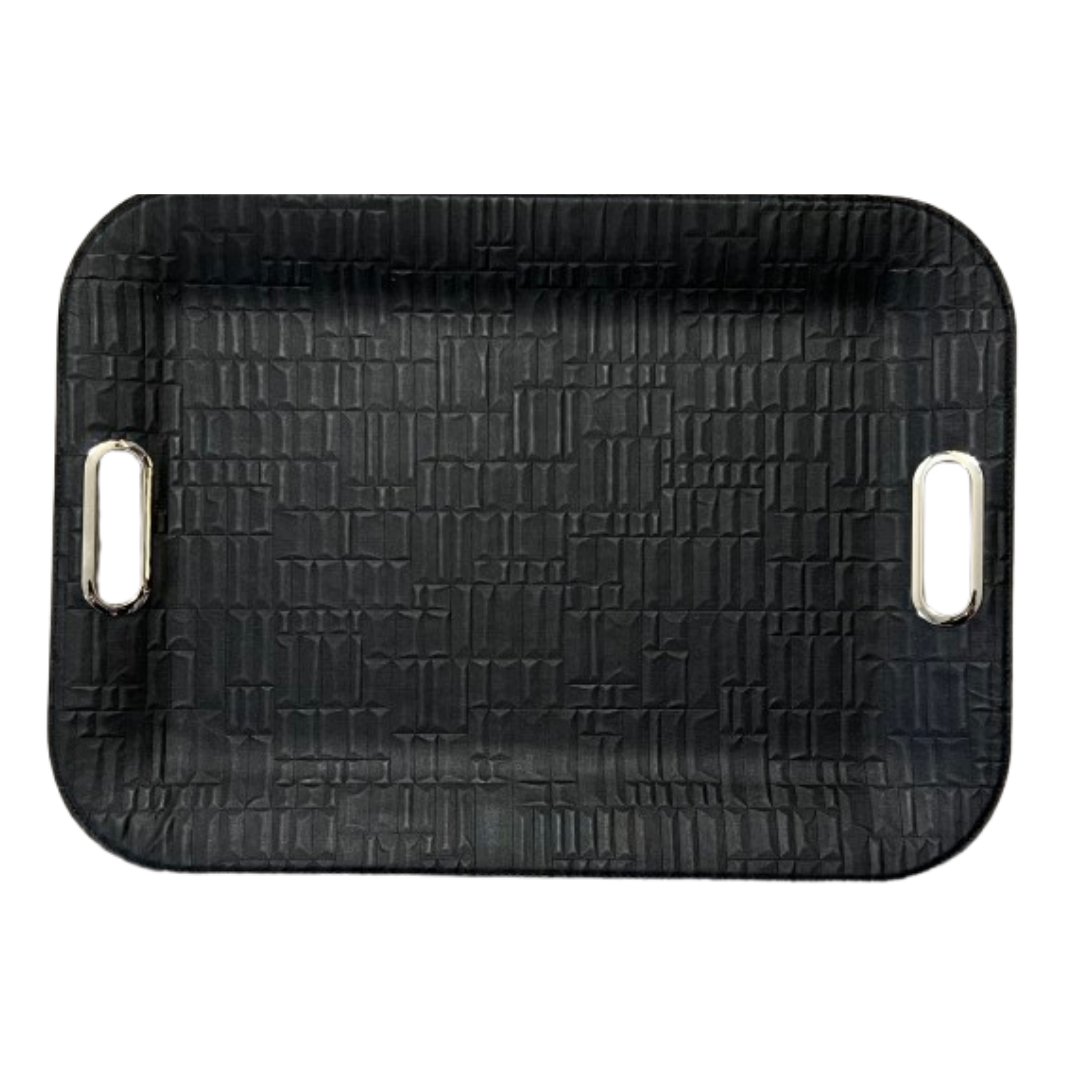 Qubic Black large serving tray with metal handles, wipeable vegan leather serving tray for entertaining