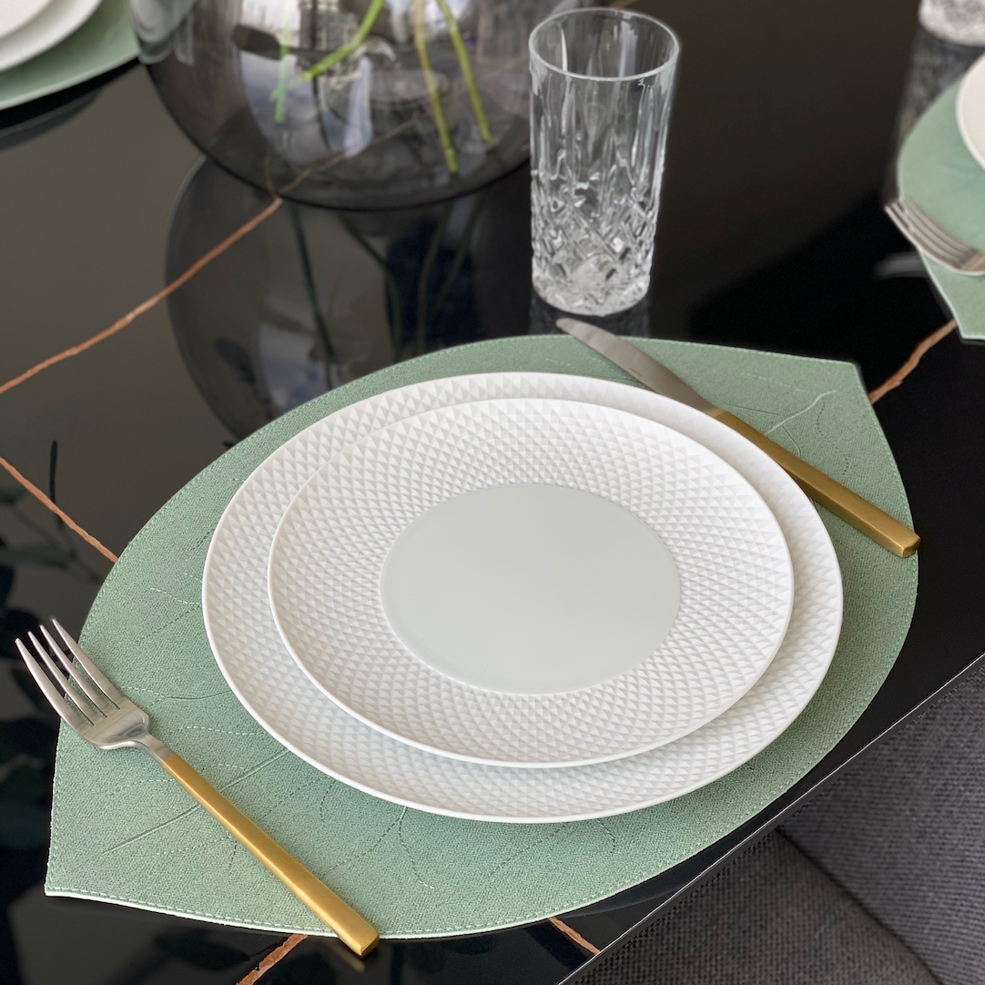 Leaf silhouette embroidery detail, reversible indoor outdoor table mats, European made - Vancouver, Bold Decor